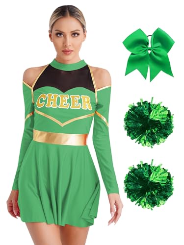 Kaerm Cheer Leader Kostüm Damen Halloween Langarm Tanzkleid CHEER Print Faltenkleid Mit Haarband Pompons 3tlg Tanzkleidung Für Fasching Karneval A_Grün XL von Kaerm