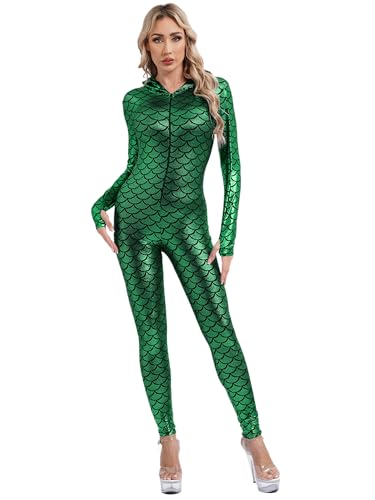 Kaerm Damen Metallic Body Ganzkörper Meerjungfrau Overall Langarm Jumpsuit Ganzanzug Mit Kapuze Fasching Karneval Cosplay Verkleidung Dunkelgrün M von Kaerm