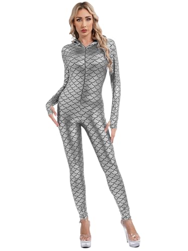 Kaerm Damen Metallic Body Ganzkörper Meerjungfrau Overall Langarm Jumpsuit Ganzanzug Mit Kapuze Fasching Karneval Cosplay Verkleidung Silber L von Kaerm