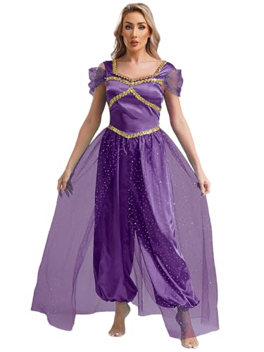 Kaerm Damen Prinzessin Aladin Kostüm Fliegenärmel Overall Ganzkörper Jumpsuit Mit Tüllschicht Bauchtanz Outfit Halloween Karneval Party Cosplay Dunkelviolett 4XL von Kaerm