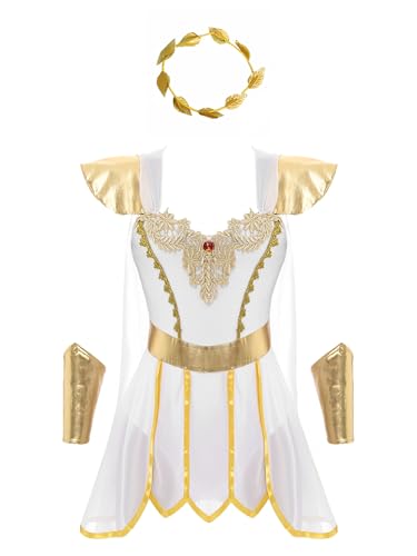 Kaerm Damen Römische Göttin Kostüm Metallic Patchwork Griechische Kleider Goldenbesatz Toga Body Mit Chiffon Umhang Lorbeerblatt Krone Für Fasching Karneval Weiß L von Kaerm