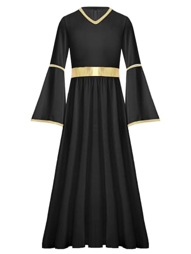 Kaerm Engel Kostüm Kinder Mädchen Liturgisch Lob Tanzkleid Trompetenärmel Maxikleid Goldenbesatz Abendkleid Antike Griechische Göttin Kostüm Schwarz 110-116 von Kaerm