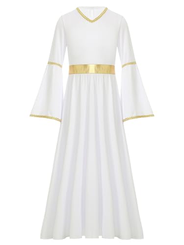 Kaerm Engel Kostüm Kinder Mädchen Liturgisch Lob Tanzkleid Trompetenärmel Maxikleid Goldenbesatz Abendkleid Antike Griechische Göttin Kostüm Weiß 110-116 von Kaerm