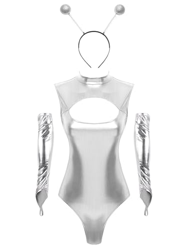 Kaerm Fasching Kostüm Damen Glitzer Alien Outfit Metallic Glitzer Body Ärmellos Leotard Mit Armstulpen Alien Stirnband Space Party Outfit Silber L von Kaerm