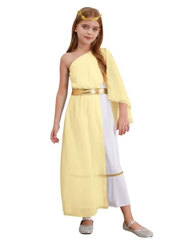 Kaerm Griechische Göttin Kostüm Kinder Mädchen Tunika Kleid Ein Schulter Maxikleid Festkleid Mit Gold Lorbeer Stirnband Für Fasching Karneval Mottoparty Gelb 122-128 von Kaerm