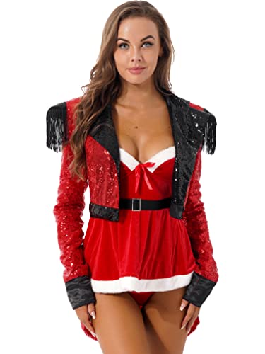 Kaerm Halloween Kostüm Damen Zirkusdirektor Frack Jacke Langarm Pailletten Glitzer Schwalbenschwanz Mantel Fransen Quasten Ringmaster Uniform Outfit Rot L von Kaerm