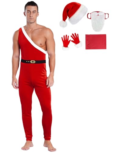 Kaerm Herren Weihnachtsmann Kostüm Samt Overall Ein Schulter Jumpsuit Fellbesatz Latzhose Mit Nikolaushut Handschuhe Bart Schal 5tlg Outfits Rot A 3XL von Kaerm