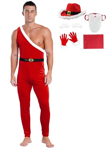 Kaerm Herren Weihnachtsmann Kostüm Samt Overall Ein Schulter Jumpsuit Fellbesatz Latzhose Mit Nikolaushut Handschuhe Bart Schal 5tlg Outfits Rot B 3XL von Kaerm