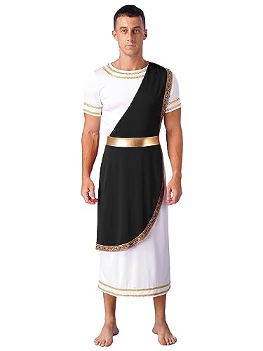 Kaerm Herren Weiß Toga Griechischer Gott Kostüm Kurzarm Party Toga Kleid Metallic Patchwork Gewand Herrscher Karneval Mottoparty Cosplay Verkleidung Schwarz 3XL von Kaerm