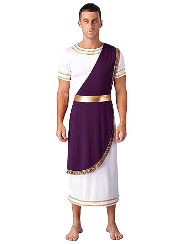 Kaerm Herren Weiß Toga Griechischer Gott Kostüm Kurzarm Party Toga Kleid Metallic Patchwork Gewand Herrscher Karneval Mottoparty Cosplay Verkleidung Violett XXL von Kaerm