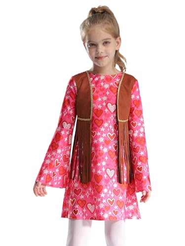 Kaerm Hippie Kostüm Kinder Mädchen Disco Kleid Langarm Partykleid Blumenmuster Tanzkleid Mit Fransen Quasten Weste 60er 70er Jahre Outfit Kinderkostüm Rosa 170 von Kaerm