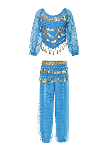 Kaerm Indische Arabische Bauchtanz Kleidung Kinder Mädchen Set Langarm Pailletten Shirt Quaste Tanztop Mit Tanzhose Yogahose Und Gürtel Dancewear Himmelblau 134-152 von Kaerm