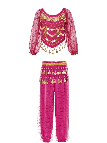 Kaerm Indische Arabische Bauchtanz Kleidung Kinder Mädchen Set Langarm Pailletten Shirt Quaste Tanztop Mit Tanzhose Yogahose Und Gürtel Dancewear Hot Pink 122-134 von Kaerm