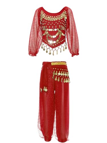 Kaerm Indische Arabische Bauchtanz Kleidung Kinder Mädchen Set Langarm Pailletten Shirt Quaste Tanztop Mit Tanzhose Yogahose Und Gürtel Dancewear Rot 122-134 von Kaerm