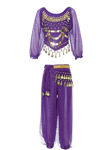 Kaerm Indische Arabische Bauchtanz Kleidung Kinder Mädchen Set Langarm Pailletten Shirt Quaste Tanztop Mit Tanzhose Yogahose Und Gürtel Dancewear Violett 122-134 von Kaerm