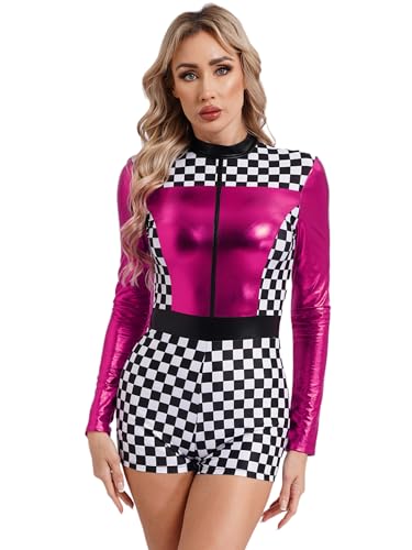 Kaerm Karneval Kostüm Damen Rennfahrer Overall Metallic Schachbrettmuster Jumpsuit Kurz Playsuit Mit Reißverschluss Kariert Hosenanzug Tanzkostüm Hot Pink S von Kaerm