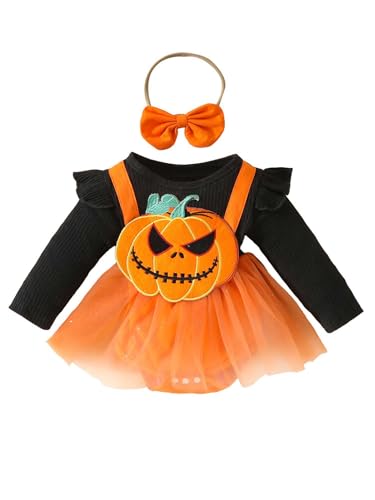 Kaerm Kinder Baby Mädchen Halloween Kostüm Langarm Kürbis Strampler Kleid Rüschen Spielanzug Mit Tüllrock Tutu Stirnband Cosplay Outfits Orange 50-56 von Kaerm