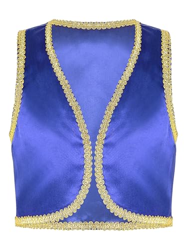 Kaerm Kinder Junge Araber Prinz Kostüm Ärmellos Satin Weste Goldenbesatz Anzugweste Vorne Offen Oberteil Top Fastnacht Halloween Cosplay Outfit Blau 122-128 von Kaerm