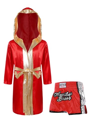 Kaerm Kinder Junge MMA Anzug Muay Thai Set Langarm Satin Kapuzenumhang Mit Boxer Shorts Gürtel 3tlg Boxing Trainingsanzug Burgundy 122-128 von Kaerm