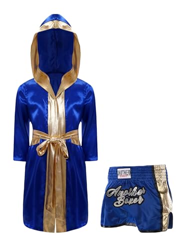 Kaerm Kinder Junge MMA Anzug Muay Thai Set Langarm Satin Kapuzenumhang Mit Boxer Shorts Gürtel 3tlg Boxing Trainingsanzug Königsblau 110-116 von Kaerm