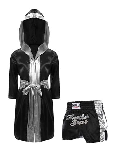 Kaerm Kinder Junge MMA Anzug Muay Thai Set Langarm Satin Kapuzenumhang Mit Boxer Shorts Gürtel 3tlg Boxing Trainingsanzug Schwarzes Silber 110-116 von Kaerm