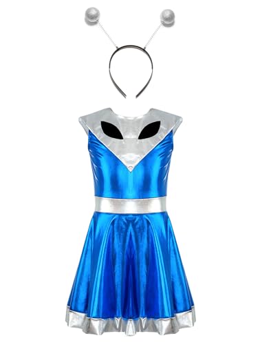 Kaerm Kinder Mädchen Alien Kleid Metallic Partykleid Ärmellos Tanzkleid Patchwork Minikleid Falten Mit Alien Haarband Kinderkostüm Blau 146-152 von Kaerm