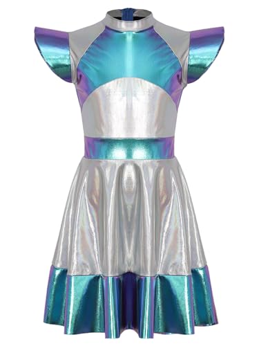 Kaerm Kinder Mädchen Alien Kostüm Metallic Astronautin Kleid Fliegenärmel Partykleid Stehkragen Tanzkleid Faschingkostüm Gr. 110-170 Blau 122-128 von Kaerm