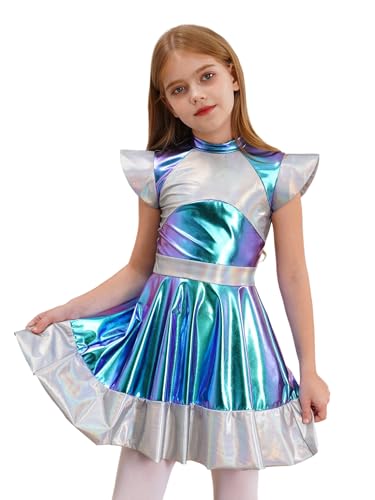 Kaerm Kinder Mädchen Alien Kostüm Metallic Astronautin Kleid Fliegenärmel Partykleid Stehkragen Tanzkleid Faschingkostüm Gr. 110-170 Silber 170 von Kaerm