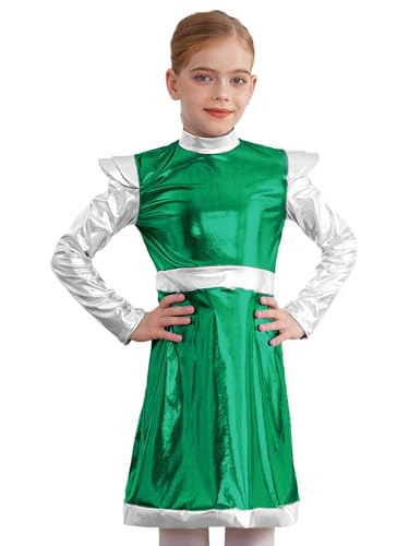 Kaerm Kinder Mädchen Alien Kostüm Metallic Patchwork Partykleid Rüschen Langarm Tanzkleid Rollkragen Patchwork Faltenkleid Cosplay Verkleidung Grün 158-164 von Kaerm