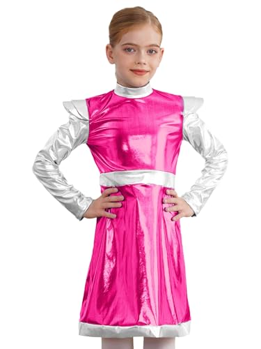 Kaerm Kinder Mädchen Alien Kostüm Metallic Patchwork Partykleid Rüschen Langarm Tanzkleid Rollkragen Patchwork Faltenkleid Cosplay Verkleidung Hot Pink 170 von Kaerm