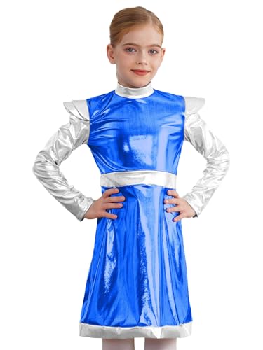 Kaerm Kinder Mädchen Alien Kostüm Metallic Patchwork Partykleid Rüschen Langarm Tanzkleid Rollkragen Patchwork Faltenkleid Cosplay Verkleidung Königsblau 158-164 von Kaerm