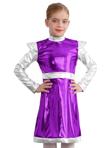 Kaerm Kinder Mädchen Alien Kostüm Metallic Patchwork Partykleid Rüschen Langarm Tanzkleid Rollkragen Patchwork Faltenkleid Cosplay Verkleidung Violett 158-164 von Kaerm