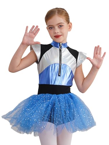 Kaerm Alien Kostüm Mädchen Kinder Metallic Space Girl Kleid Fliegen Ärmel Ballettkleid Glitzer Ballettanzug Mit Tüllrock Tutu Faschingkostüm Blau 134-140 von Kaerm