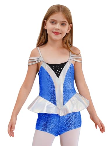 Kaerm Kinder Mädchen Alien Kostüm Pailletten Glitzer Overall Ärmellos Jumpsuit Mit Bein Strass Glitzer Body Rüschen Tanzanzug Für Fasching Karneval Königsblau 158-164 von Kaerm