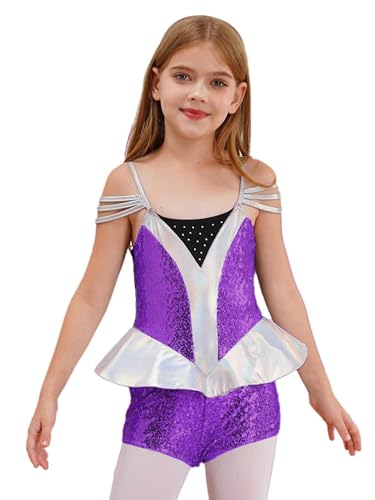 Kaerm Kinder Mädchen Alien Kostüm Pailletten Glitzer Overall Ärmellos Jumpsuit Mit Bein Strass Glitzer Body Rüschen Tanzanzug Für Fasching Karneval Violett 110-116 von Kaerm