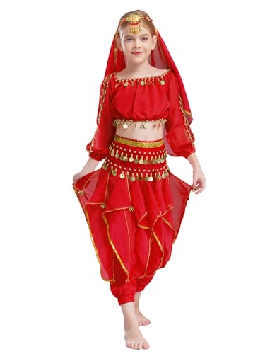 Kaerm Kinder Mädchen Bauchtanz Kostüm Halloween Karneval Arabische Prinzessin Outfit Pailletten Tanzanzug 4tlg Tanzbekleidung Für 2-14 Jahre Rot 104-116 von Kaerm