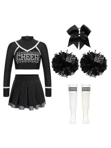 Kaerm Kinder Mädchen Cheer Leader Kleid Langarm Schoolgirl Uniform Kurz Tanz Top Mit A Linien Rock Haarband Pompons Strümpfe 5tlg Tanzkleidung Schwarz 134-140 von Kaerm