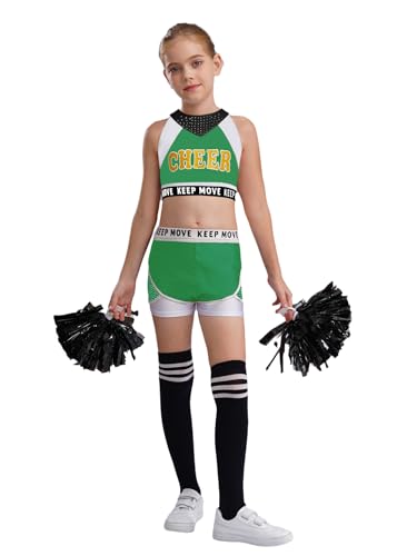 Kaerm Kinder Mädchen Cheer Leader Kostüm Ärmellos Kurz Tanz Top Mit Patchwork Shorts Pompons Strümpfe 4tlg Tanzkostüm Für Fasching Karneval Grün Weiß 158-164 von Kaerm