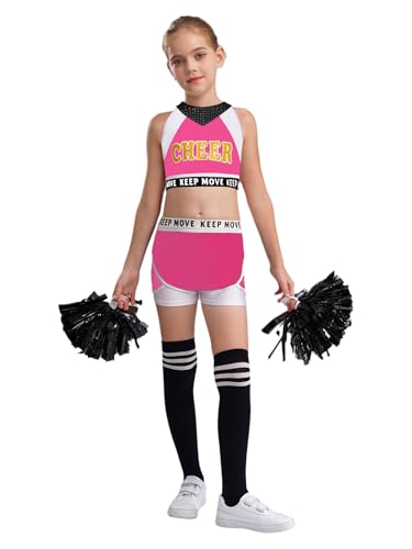 Kaerm Kinder Mädchen Cheer Leader Kostüm Ärmellos Kurz Tanz Top Mit Patchwork Shorts Pompons Strümpfe 4tlg Tanzkostüm Für Fasching Karneval Pink und Weiß 134-140 von Kaerm