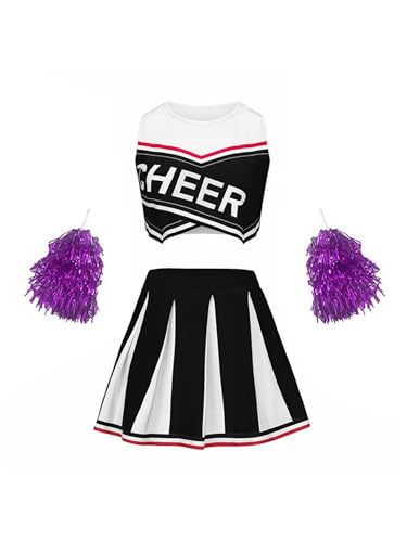 Kaerm Kinder Mädchen Cheer Leader Kostüm Ärmellos Kurz Top Mit Faltenrock Handblumen Fasching Karneval Mottoparty Cheerleaderin Outfit Schwarz 128-134 von Kaerm