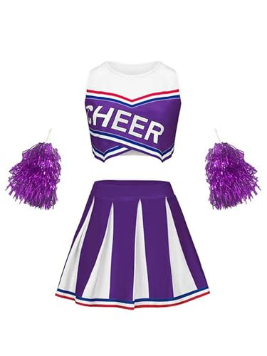 Kaerm Kinder Mädchen Cheer Leader Kostüm Ärmellos Kurz Top Mit Faltenrock Handblumen Fasching Karneval Mottoparty Cheerleaderin Outfit Violett 110-116 von Kaerm