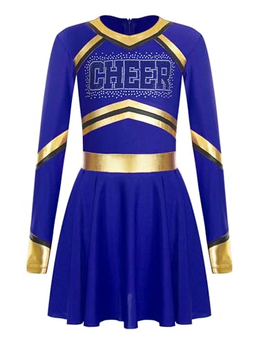 Kaerm Kinder Mädchen Cheer Leader Kostüm Metallic Patchwork Partykleid A Linien Tanzkleid CHEER Print Schuluniform Kleid Festlich Für 5-16 Jahre Blau 134-140 von Kaerm