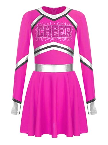 Kaerm Kinder Mädchen Cheer Leader Kostüm Metallic Patchwork Partykleid A Linien Tanzkleid CHEER Print Schuluniform Kleid Festlich Für 5-16 Jahre Hot Pink 170 von Kaerm