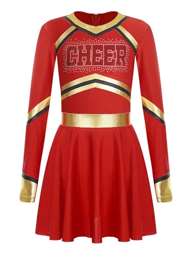 Kaerm Kinder Mädchen Cheer Leader Kostüm Metallic Patchwork Partykleid A Linien Tanzkleid CHEER Print Schuluniform Kleid Festlich Für 5-16 Jahre Rot 170 von Kaerm