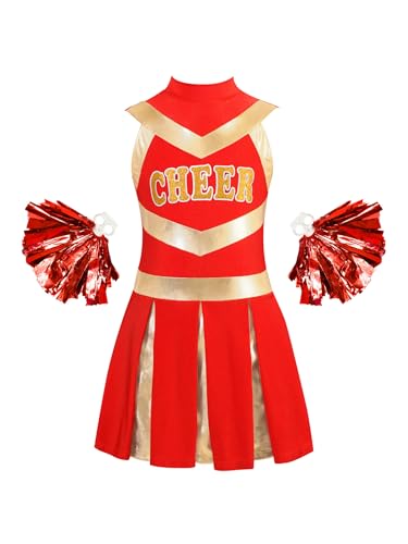 Kaerm Kinder Mädchen Cheer Leader Kostüm Mit Pompons Fasching Karneval Tanzkleidung Metallic Patchwork Kleid CHEER Print Faltenkleid A Linien Dancewear A Rot 134-140 von Kaerm