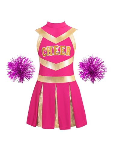 Kaerm Kinder Mädchen Cheer Leader Kostüm Mit Pompons Fasching Karneval Tanzkleidung Metallic Patchwork Kleid CHEER Print Faltenkleid A Linien Dancewear B Pink 110-116 von Kaerm