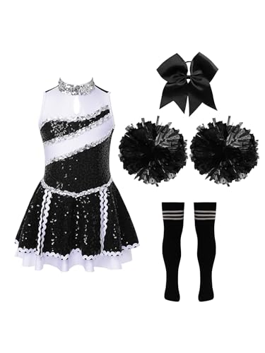 Kaerm Kinder Mädchen Cheer Leader Kostüm Pailletten Glitzer Kleid Ärmellos Tanzkleid Mit Schleife Stirnband Pompons Strümpfe 4tlg Tanzkleidung A Schwarz Weiß 122-128 von Kaerm