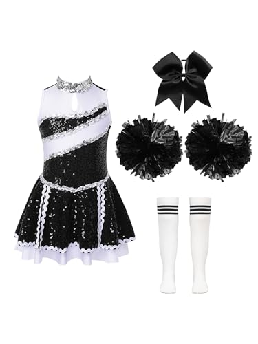 Kaerm Kinder Mädchen Cheer Leader Kostüm Pailletten Glitzer Kleid Ärmellos Tanzkleid Mit Schleife Stirnband Pompons Strümpfe 4tlg Tanzkleidung A Weiß&Schwarz 134-140 von Kaerm