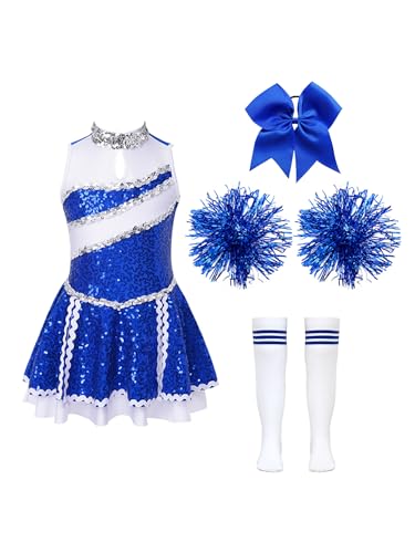 Kaerm Kinder Mädchen Cheer Leader Kostüm Pailletten Glitzer Kleid Ärmellos Tanzkleid Mit Schleife Stirnband Pompons Strümpfe 4tlg Tanzkleidung B Blau 110-116 von Kaerm