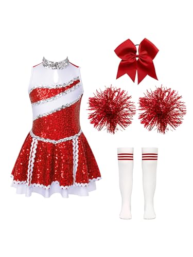 Kaerm Kinder Mädchen Cheer Leader Kostüm Pailletten Glitzer Kleid Ärmellos Tanzkleid Mit Schleife Stirnband Pompons Strümpfe 4tlg Tanzkleidung B Rot 122-128 von Kaerm